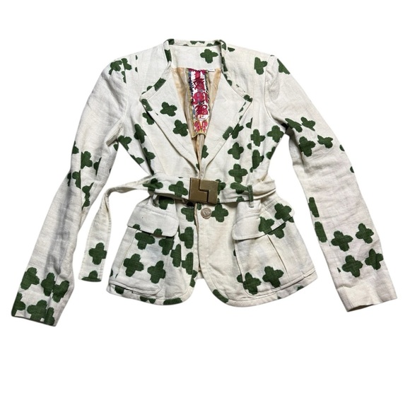 💚 L.A.M.B. by Gwen Stefani Linen Belted Blazer 8 🌿 Clover Print Designer Chic 💚 - Picture 1 of 10